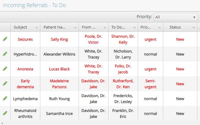 Screen shot of the EZ Referral to do list with certain referrals in priority red