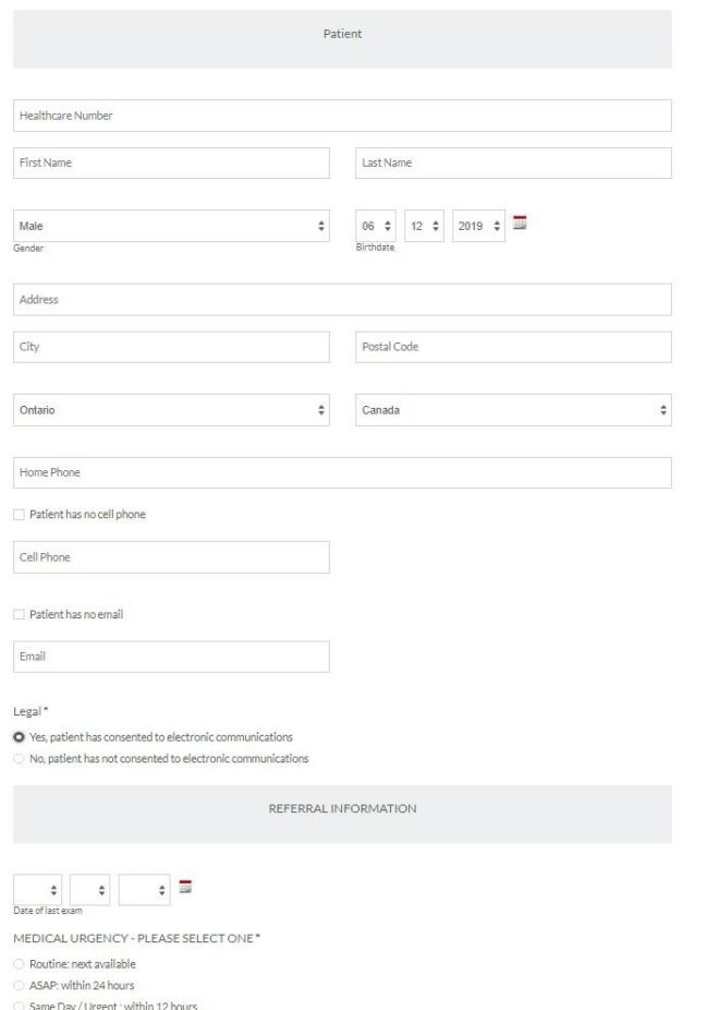 Screen shot of web based referral form